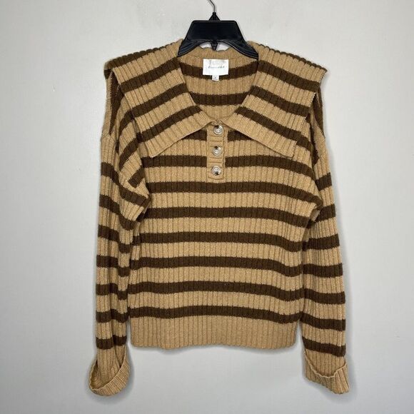 LINE AND DOT Sweater Womens Medium M  Brown Striped Popover Collared Stretch - Picture 1 of 8